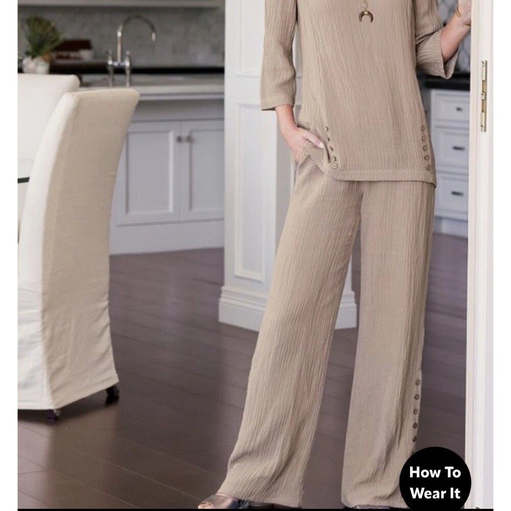 Soft Surroundings Tan Oceo Gauzy Wide Leg Pants Size L Beach Nautical Lagenlook